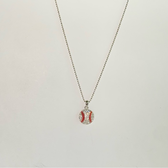 Clear Crystal Baseball Pendant on Silvertone Ball Chain Necklace - Picture 7 of 10